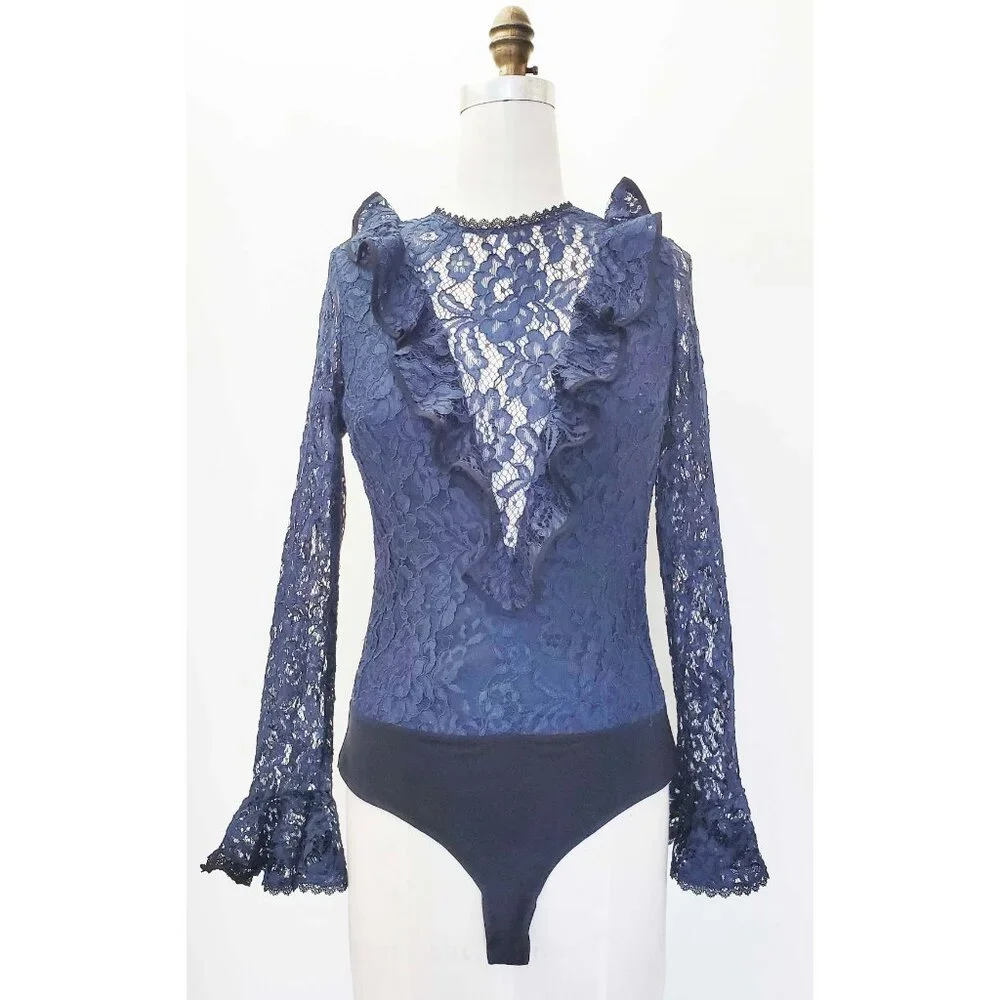 Alexis Womens Pollie Illusion Voulant Bodysuit Lace Top Blouse Navy - NWT M
